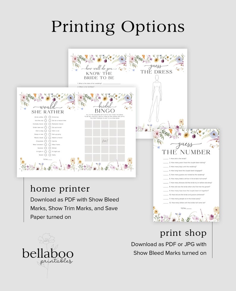 May include: Printable bridal shower games with floral borders. The games include "How well do you know the bride to be?", "Would she rather", "Bridal Bingo", "Guess the dress", and "Guess the number".