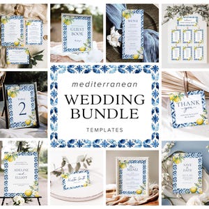 Può includere: Una collezione di modelli di partecipazioni di nozze a tema mediterraneo. I disegni presentano un motivo a piastrelle blu e bianco con accenti di limone e floreali. Include inviti, menu, numeri di tavolo e segnaletica.