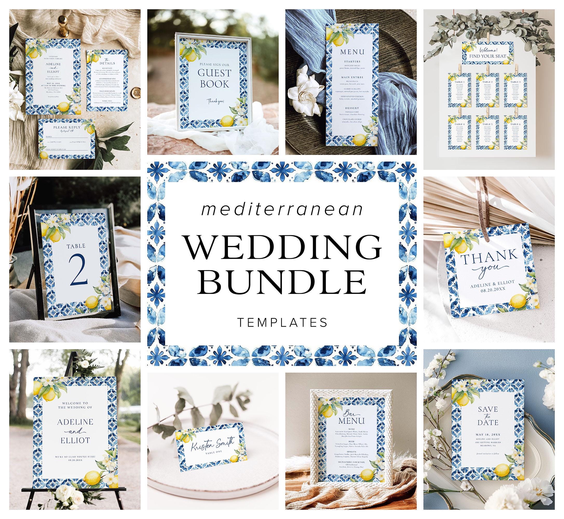 地中海ウェディングバンドルテンプレート ブルータイルとレモンのウェディング招待状 ポジターノ イタリアウェディングサイン  大きなウェディングバンドル、B6 - Etsy 日本, image size:2173x2000