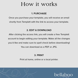 May include: How it works: A blue and white graphic with instructions on how to purchase, edit, and download a printable template. The text includes the words "PURCHASE", "EDIT & DOWNLOAD", and "PRINT".