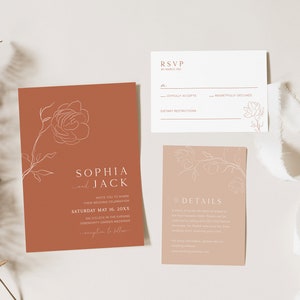 Botanical Wedding Invitation Set Templates, Minimalist Wedding Invitation, Floral Terracotta Invite, Rustic Wedding, Editable, Printable, O2