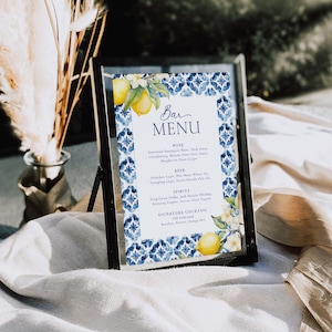 Mediterranean Bar Menu Template, Printable Bar Menu Sign Italian Blue Tiles Bar Menu Lemon Wedding Bar Menu Amalfi Coast Drinks Bar Sign