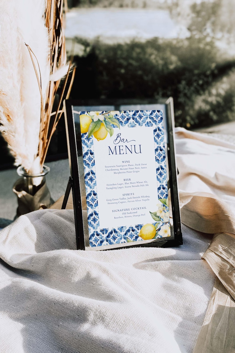 Mediterranean Bar Menu Template, Printable Bar Menu Sign Italian Blue Tiles Bar Menu Lemon Wedding Bar Menu Amalfi Coast Drinks Bar Sign