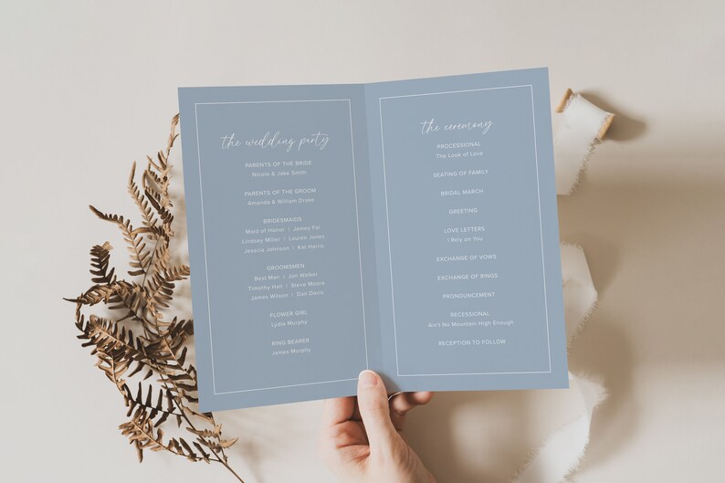 Dusty Blue Wedding Program Template, Modern Wedding, Ceremony Program