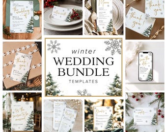 May include: A collection of winter wedding templates featuring a watercolor pine tree design with snowflakes. Includes invitations, menus, thank you cards, and a welcome sign. The text includes "Join us to celebrate the wedding of", "Thank you!", and "Save the date".