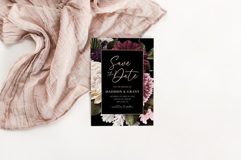 Photo Save the Date Invitation, Moody Save The Date, Dark Save The Date Invitation, Gothic Floral Save The Date, Editable Template, D2 image 5