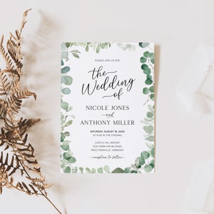 Eucalyptus Boho Wedding Invitation Template, Greenery Wedding, Sage Green Invite, Modern, Editable, Instant Download, G2 image 1