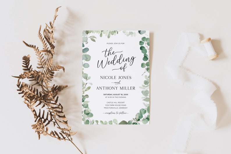 Eucalyptus Boho Wedding Invitation Template, Greenery Wedding, Sage Green Invite, Modern, Editable, Instant Download, G2 image 1