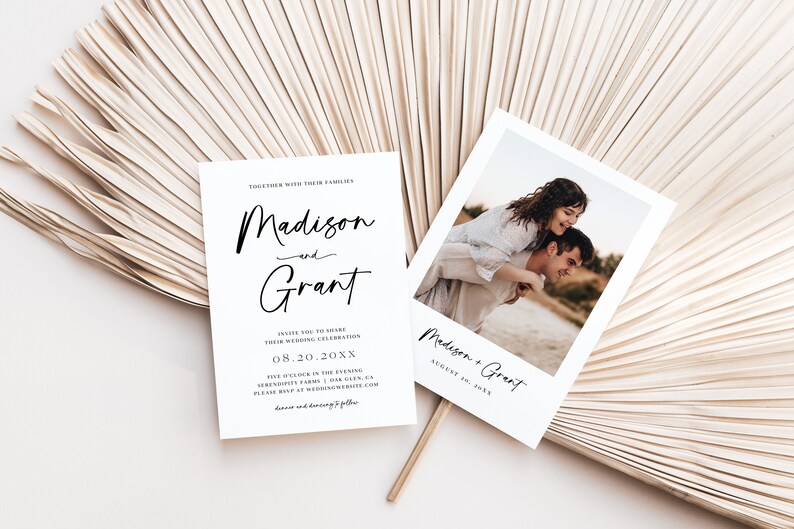 Plantilla de invitación de boda minimalista, invitación de boda moderna, invitación de boda fotográfica, boda elegante, boda minimalista, editable, M1 imagen 3