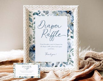 Plantilla para tarjeta de rifa de pañales, rifa de pañales azul polvoriento para baby shower, letrero floral para rifa de pañales para baby shower, juego de baby shower "Baby In Bloom", B5