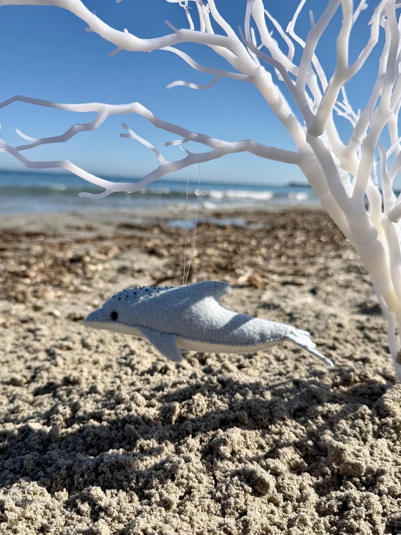 White felt dolphin plush, handmade ocean toy, sea animal soft toy