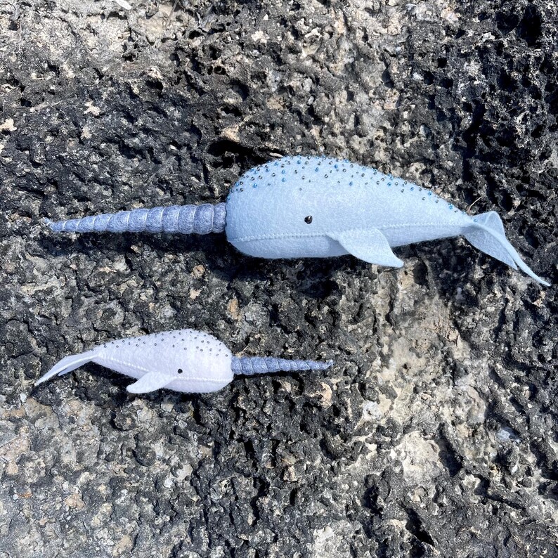 Set of felt narwhals, handmade ocean animal toys, soft plush sea creatures