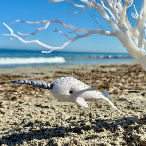 Felt narwhal plush toy, handmade ocean animal with horn, sea creature toy