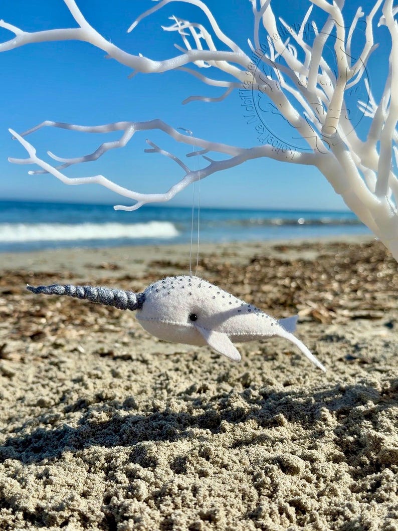 Felt narwhal plush toy, handmade ocean animal with horn, sea creature toy