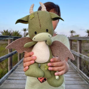 May include: A handmade green dragon plush toy with brown wings, cream-colored belly, and small horns. The dragon has a stitched design and is held up by a person. The background is a wooden walkway with palm trees.