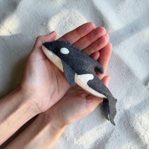 Mini felt orca toy, handmade killer whale plush, ocean nursery decor