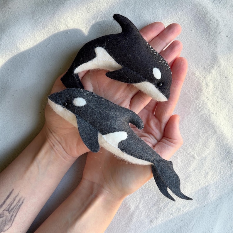 Set of 2 felt orcas, killer whale plush toys, handmade ocean animal soft toy