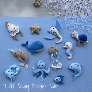 Ocean Creatures Ornament Sewing Pattern. Bundle of 12 Felt Sea Animals Pattern. Easy Sewing PDF Pattern. Nautical nursery mobile DIY project