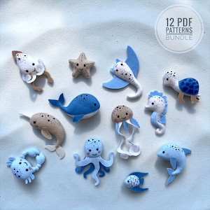12 Ocean Animals Sewing Pattern Bundle PDF, Felt Sea Creatures, Baby Mobile Toys