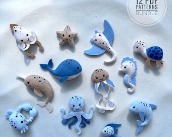 12 Ocean Animals Sewing Pattern Bundle PDF, Felt Sea Creatures, Baby Mobile Toys