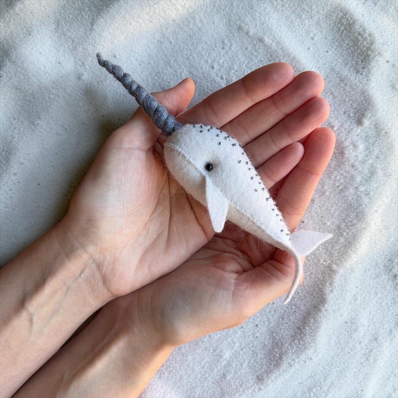 Mini felt narwhal toy, handmade ocean plush, small sea animal