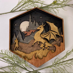 Dragon&#39;s Tale: D20 Wooden Wall Art for Dungeons and Dragons Fans - Stary Night, Full Moon, and Fiery Adventure!