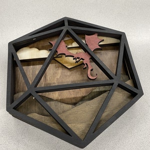 Dragon&#39;s Flight - D20 Wooden Wall Art for Dungeons and Dragons Enthusiasts