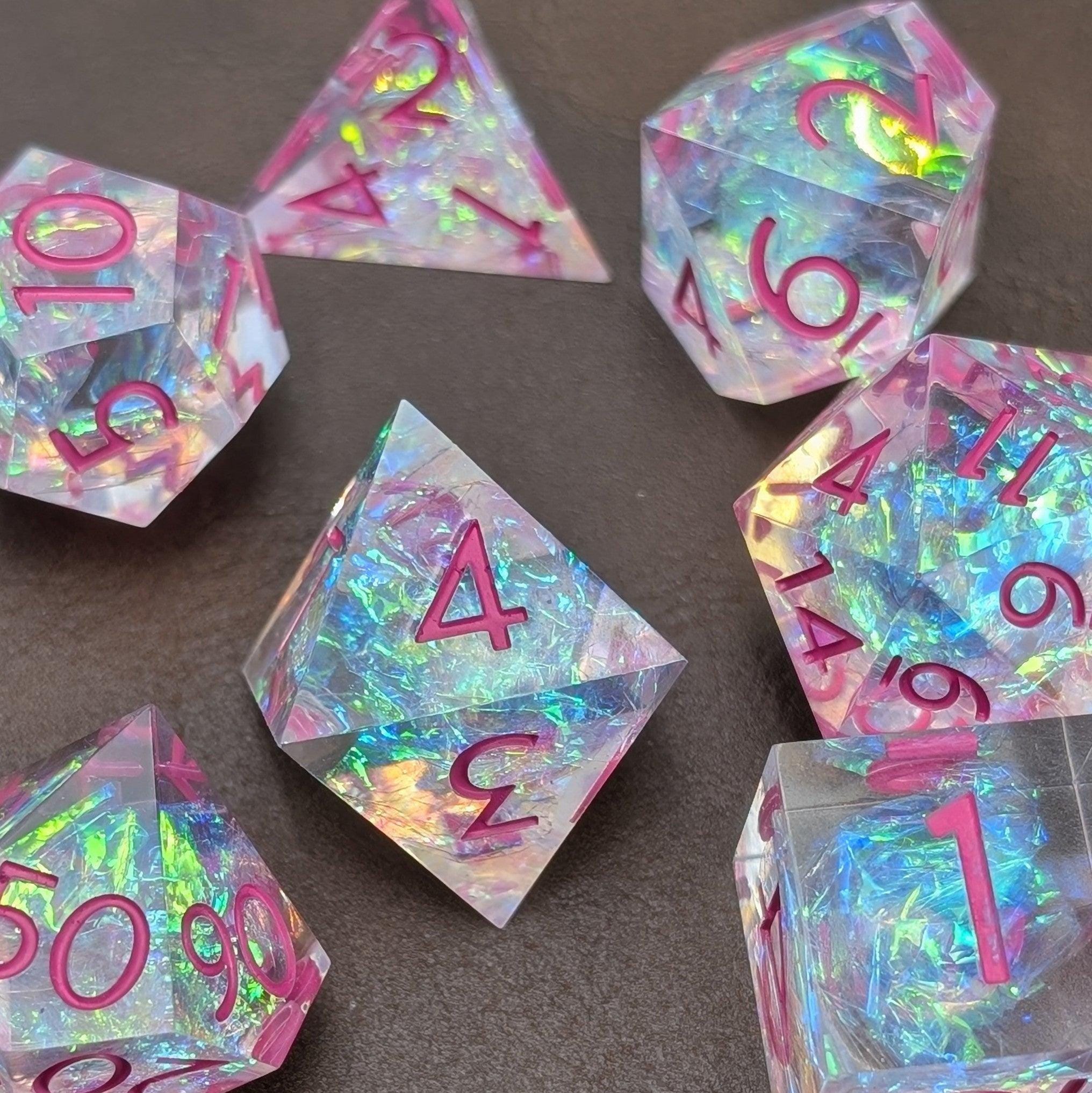 Blushing Prism DND Dice Set, Pink Resin Sharp Edge D&D Dice Set for Dungeons and Dragons Polyhedral RPG D6, D20 Dice