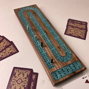 Premium Cribbage Board Glacier Blue Resin Inlay with Peg Storage | Comes with 6 metal pegs | Personalization Available  | Made in the USA
