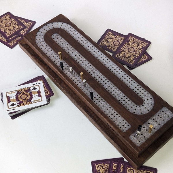 Premium Cribbage Board with Titanium Resin Inlay with Peg & Card Storage | Personalization Available  | Fathers Day Gift | Hand Made in USA