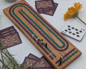 Premium Cribbage Board - Multi Lane Amethyst and Emerald Inlay