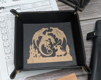 Dragon's Last Stand Dice Tray - Vegan Leather DnD Dice Rolling Tray