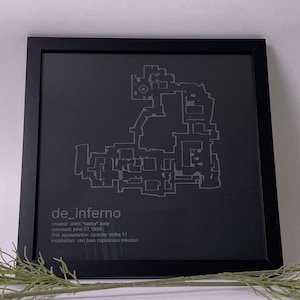 Counter-Strike Cartography, De_Inferno Etched on Glass, Framed Gamer Wall Decor