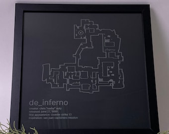 Counter-Strike Cartography, De_Inferno Etched on Glass, Framed Gamer Wall Decor