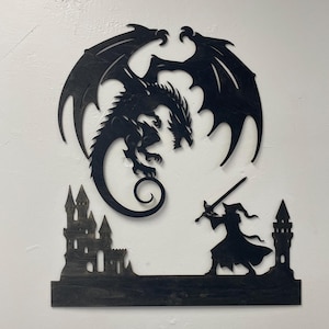 Wizard&#39;s War - Dungeons and Dragons Wall Decor - Dragon Battle Scene Wall Art - Nerdy Wall Decor - Wooden RPG Wall Art - Game Room Decor