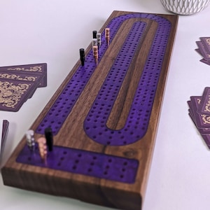 Premium Cribbage Board Amethyst Resin Inlay with Peg Storage | Comes with 9 metal pegs | Personalization Available  | Made in the USA
