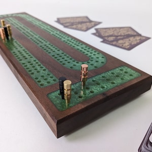 Premium Cribbage Board Sage Green Resin Inlay with Peg Storage | Comes with 6 metal pegs | Personalization Available  | Made in the USA