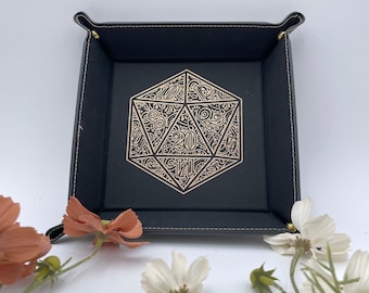 Gilded D20 Dice Tray - Vegan Leather DnD Dice Rolling Tray
