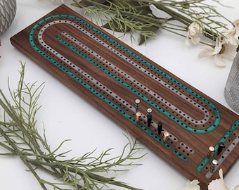 Premium Cribbage Board - Multi Lane Emerald and Silver Resin Inlay