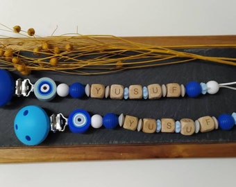 Pacifier chain with name made of silicone beads and wooden beads/rainbow/watchful eye/Nazar eye/stars