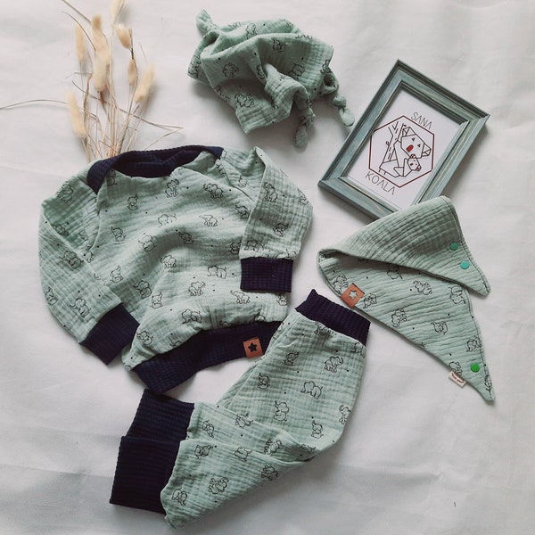 Sommer Baby Set für Jungs: Pumphose, Shirt und Wendetuch aus Musselin und Waffeljersey in verschiedenen Größen