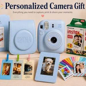 May include: A light blue Fujifilm Instax mini 12 camera, a matching light blue camera case with the name EMMA embossed, a light blue photo album, two boxes of Fujifilm Instax mini film, and various colourful photo frames and printed photographs.