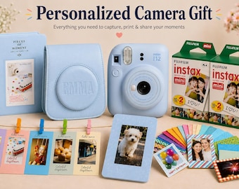 Coffret cadeau appareil photo instantané Fujifilm Instax Mini 12 avec étui assorti personnalisé, 40 feuilles de film et kit de 80 pièces pour vos créations - Bleu pastel