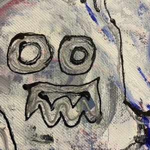 K&ouml;nnte beinhalten: Ein wei&szlig;es abstraktes Gem&auml;lde mit einem schwarzen und grauen Monstergesicht. Das Monster hat zwei gro&szlig;e Augen und einen gezackten Mund.
