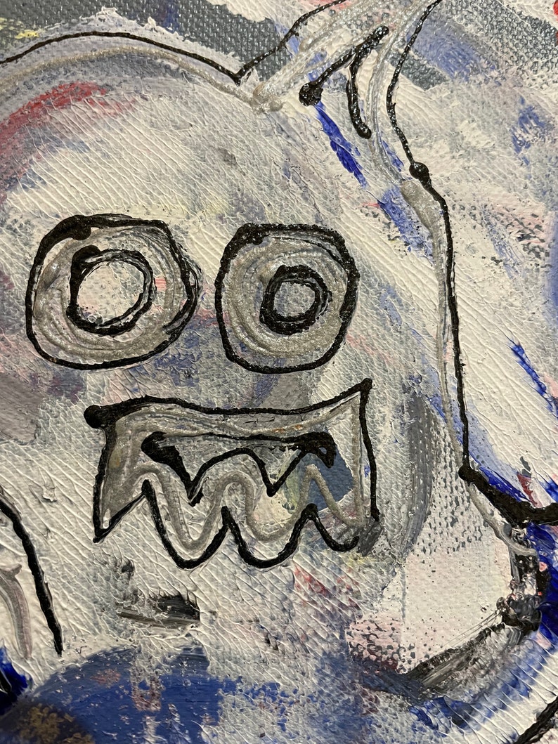 K&ouml;nnte beinhalten: Ein wei&szlig;es abstraktes Gem&auml;lde mit einem schwarzen und grauen Monstergesicht. Das Monster hat zwei gro&szlig;e Augen und einen gezackten Mund.
