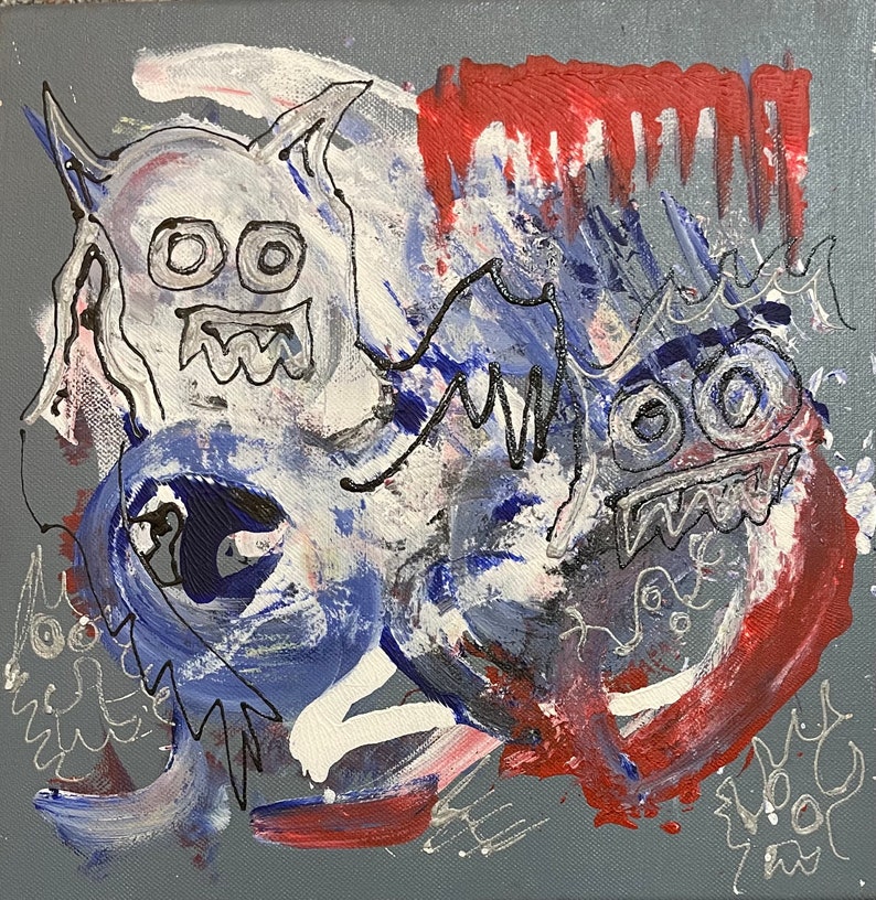 K&ouml;nnte beinhalten: Abstraktes Gem&auml;lde auf Leinwand in den Farben Blau, Wei&szlig; und Rot. Das Gem&auml;lde zeigt drei cartoonartige Gesichter mit gro&szlig;en Augen und Z&auml;hnen. Die Gesichter sind von wirbelnden Linien und Formen umgeben.