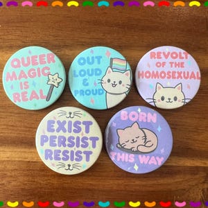 Cute Kawaii Pride Cat Badges | LGBTQ+ Activism Pins | 38mm Rainbow Button Set