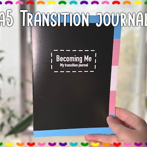 May include: An A5 journal with a black cover and the text "Becoming Me" and "My transition journal". The spine of the journal is decorated with blue, white and pink stripes.