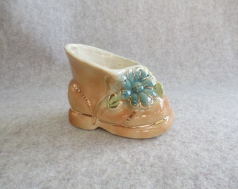 Vintage planter, small brown shoe with blue flowers and gold trim