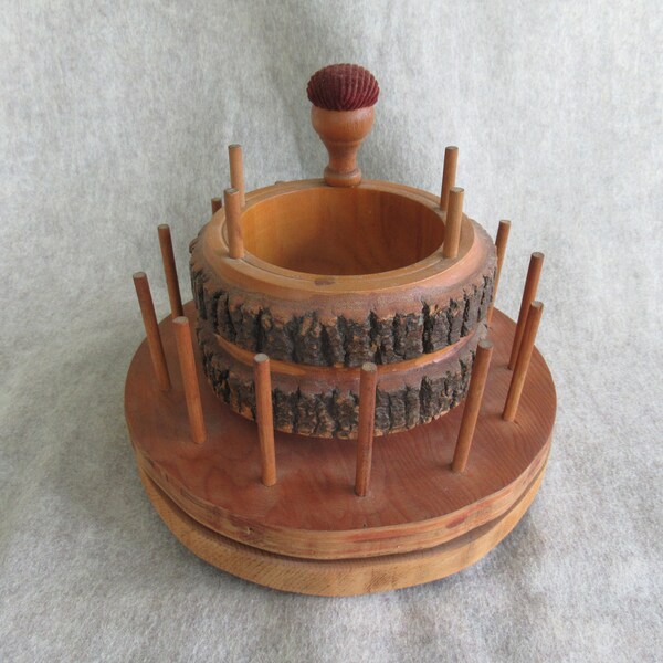 Vintage hand make wooden sewing caddy-thread organizer